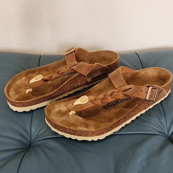 Birkenstock Braided Gizeh Cognac Oiled Leather Sandal Size 38 7/8 - Picture 3 of 5